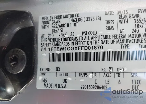 2015 Ford F-150 Xlt из США, поврежденный, VIN 1FTEW1CGXFFD01870